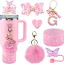 6Pcs Pink Stanley Cup Accessories Set - Butterfly Straw Topper Cover Cap, Bling Bow for Straw, Sparkly Silicone Boot, Letter Charm and Pompom for Stanley Cups Tumbler 40Oz 30Oz 20Oz G