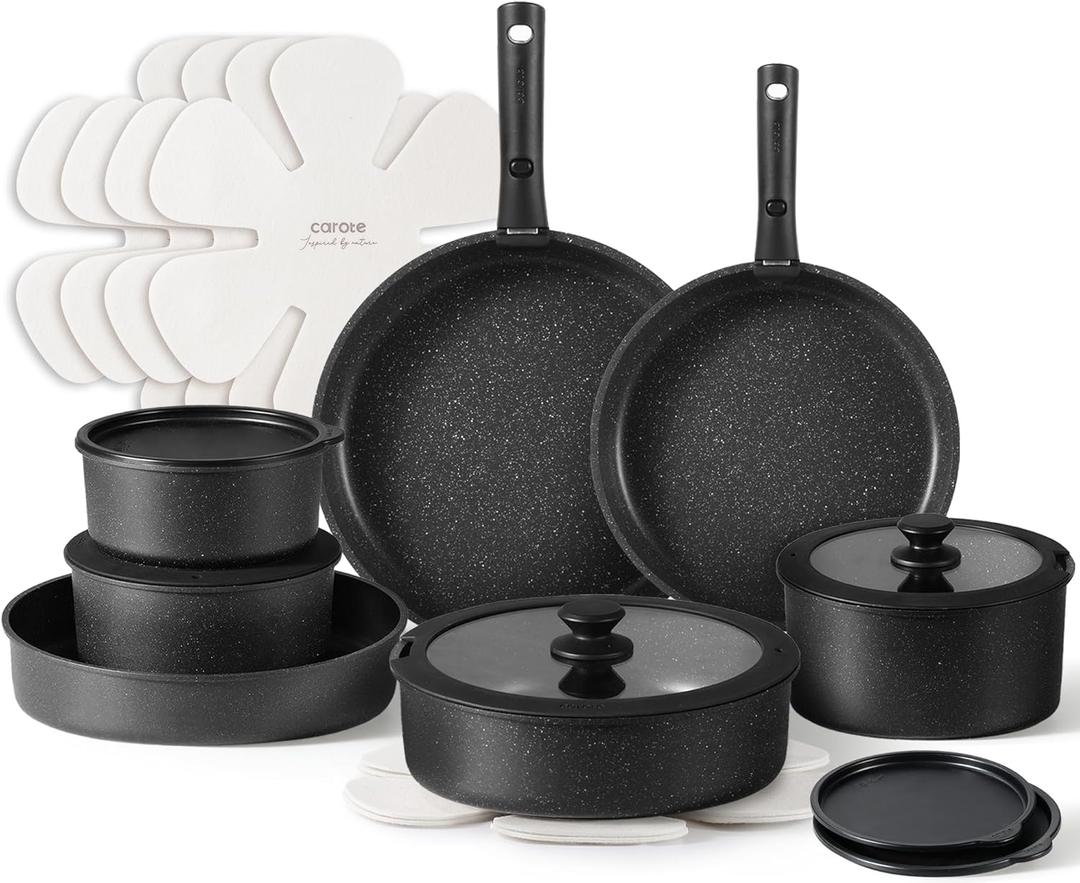 CAROTE 21pcs Pots and Pan Set Non Stick, Nonstick Induction Cookware Detachable Handle,Cookware Set with Removable Handle, RV Kitchen, Dishwasher Safe (Granite Black)