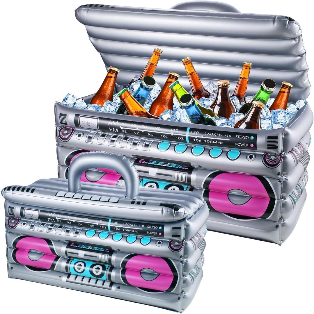 Inflatable Cooler for Parties, Radio Designed Style Inflatable Drink Cooler for Parties, Blow up Party Cooler for 80s90s Party Decorations (2 Pack, Grey Pink)