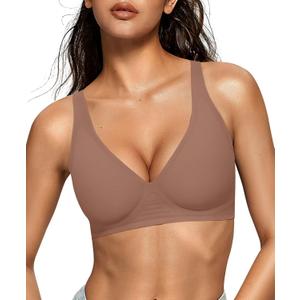 OEAK Womens Deep V Bras Wireless Comfortable Bra Supportive No Underwire Bras Tshirt Push Up Bralettes Plunge Seamless Bra (X-Large, Coffee)
