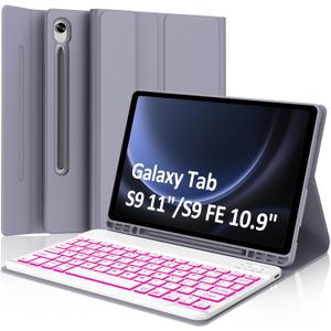 FARYODI Keyboard Case for Samsung Galaxy Tab S10 FE 5G 10.9 inch 2025/ S9 FE 10.9" 2023/S9 11 Inch 2023,7 Colors Backlit Detachable Wireless Keyboard,Smart Folio Cover with S Pen Holder,Purple