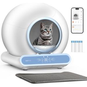 Self Cleaning Litter Box, Integrated Safety Automatic Cat Litter Box Self Cleaning 65L+9L for Multiple Cats, App Control, Odor Removal, Includes Mat & Liner (3 Rolls) - Blue