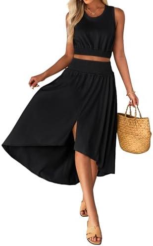 luvamia Two Piece Skirt Sets for Women Smocked Crop Top High Waisted High Low Split Maxi Skirt Co Ord Matching Dress Set.L