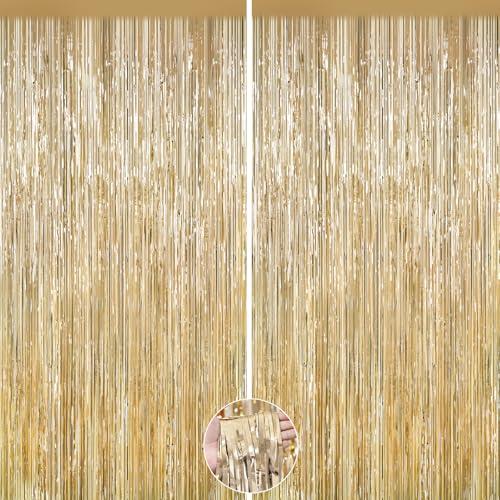 2Pack Champagne Gold Backdrop Birthday Decorations Foil Curtain Backdrop Gold Streamers Dance Party Decors Photo Booth Props for Bachelorette Decors Christmas Halloween New Years Eve Party Supplies