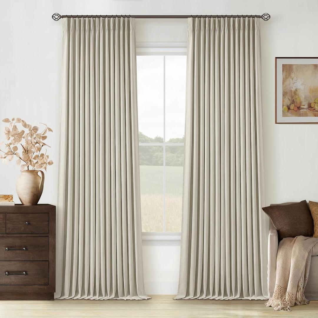 Light Beige Pinch Pleated 100% Blackout Linen Bedroom Curtains 96 Inch Length Double Layer Pleat Curtains Ring Hooks Back Tab Black Out Room Darkening Drapes 96 Inches Long Living Room Oatmeal