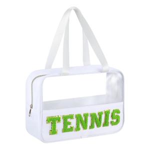 Sadnyy Tennis Gifts Cosmetic Makeup Bag with Chenille Letter Patch Clear Pouch PVC Waterproof Organizer Purse, Portable Tote Toiletry Storage Bag, Tennis Accessories for Sport Coach Women