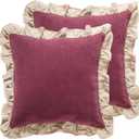 patdrea Rhodo Shabby Chic Decorative Throw Pillow Covers 22x22 Farmhouse Red Linen Pillow Covers with Ruffles,Square Sturdy Throw Pillow Case for Couch Sofa Bed Living Room