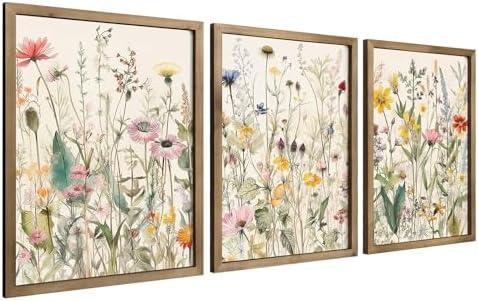 pechpell 2 Piece 15.7x11.8in Framed Floral Wall Art, Wooden Colorful Wild Flower Prints Picture Wall Decor, Wildflower Nursery Living Room Bedroom Rustic Decorations For Home