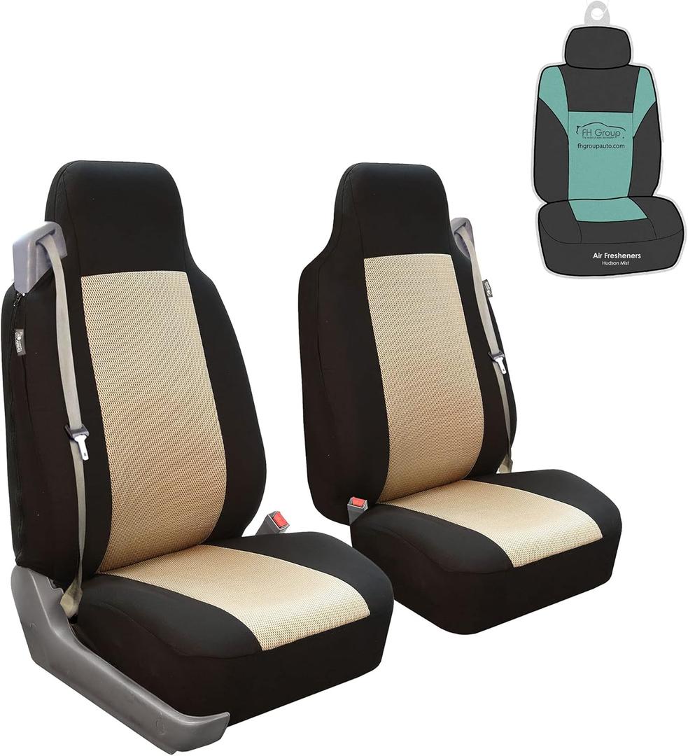FH Group All-Purpose Built-in Seat Belt Classic Cloth Seat Covers Front Set - Universal Fit for Cars, Trucks, & SUVs (Beige) (Front-3D-Air Mesh-High Back)