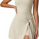 ABOCIW Womens High Neck Tennis Dress Sleeveless Wrap Skirt Built in Shorts Golf Athletic Dress Workout Rompers (Medium, Light Apricot)