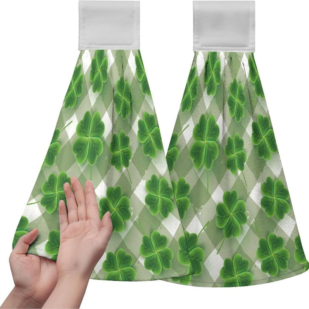 2 Pcs St. Patrick's Day Hanging Kitchen Towels, Lucky Clover Hand Towel with Hanging Loop,Super Absorbent and Soft, Suitable for Bathrooms, Kitchens, Washrooms (Color 1)