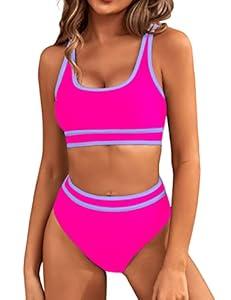 BMJL Women's High Waisted Bikini Sets Sporty Two Piece Swimsuits Color Block Cheeky High Cut Bathing Suits (M, Hot Pink)
