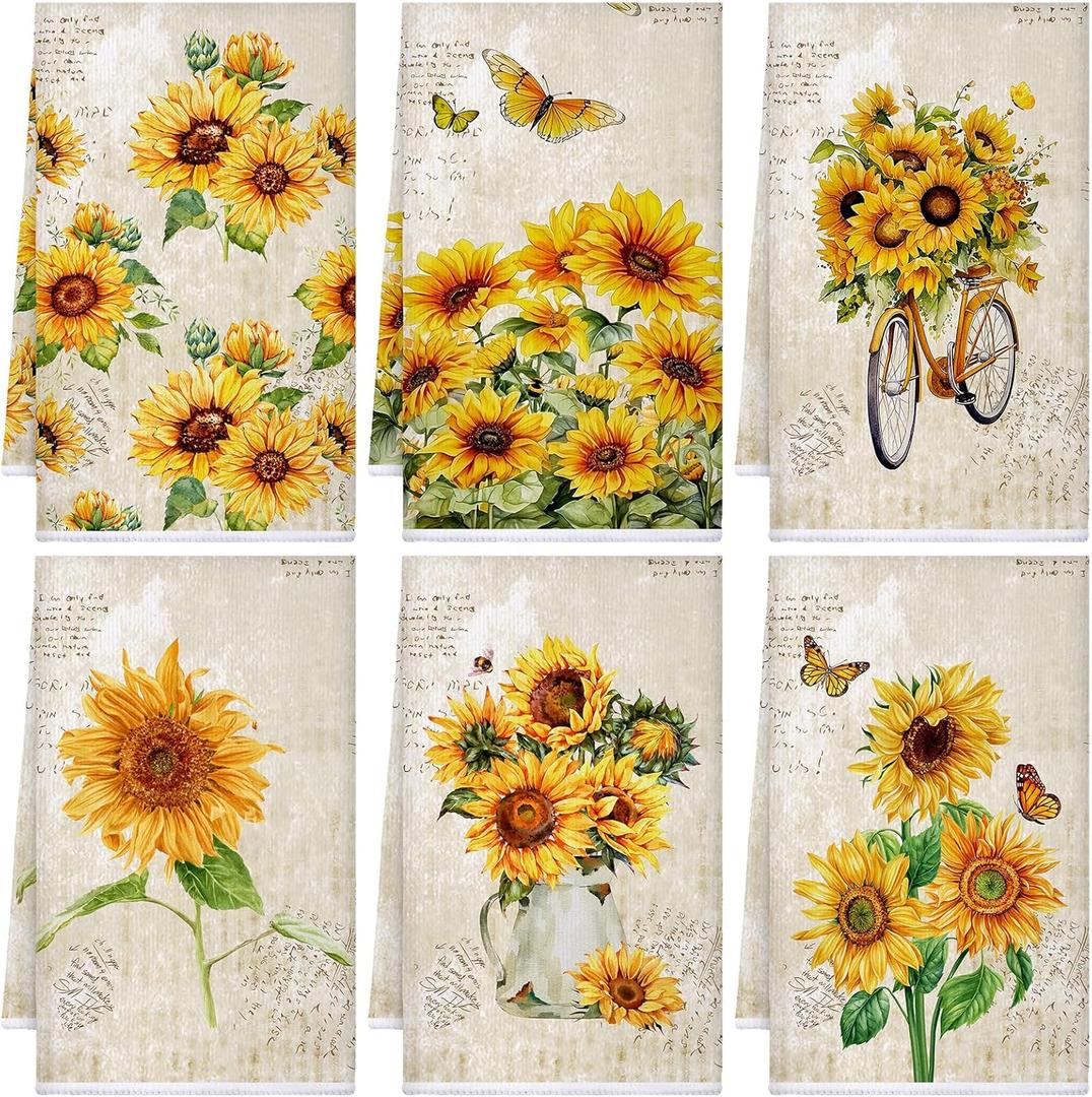 Bencailor 6 Pcs Sunflower Kitchen Towels Decorative Sets Dish Towels Absorbent Fast Drying Hand Tea Vintage Hanging Reusable Cleaning Dishcloths for Cooking Farmhouse Bathroom Accessory