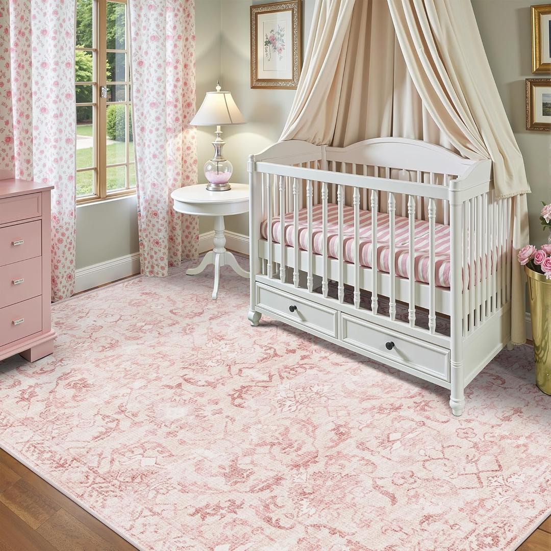 Pink Vintage Area Rug 3x5 for Living Room Bedroom, Washable Distressed Farmhouse Soft Thin Non-Shedding Indoor Throw Rug, Traditional Accent Carpet for Bedroom Office