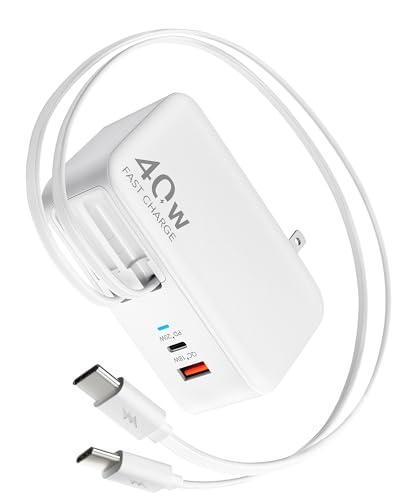 Retractable USB C Charger Wall Plug with 35.5in/90cm Type C Cables Cords,40W Fast Charging Foldable Block Multi Charger for All Devices for iPhone 17/16/15/14/13/12,iPad,Galaxy,Pixel