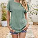 YeonYoonA Women's Eyelet Embroidery Short Sleeve T-Shirt Summer Fashion Clothes Loose Fit Casual Holiday Blouse T Shirt (Green, S)