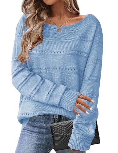 Zeagoo Womens Fall Fashion 2025 Oversized Off The Shoulder Crochet Sweater Boat Neck Loose Long Sleeve Pullover Jumper Tops, M