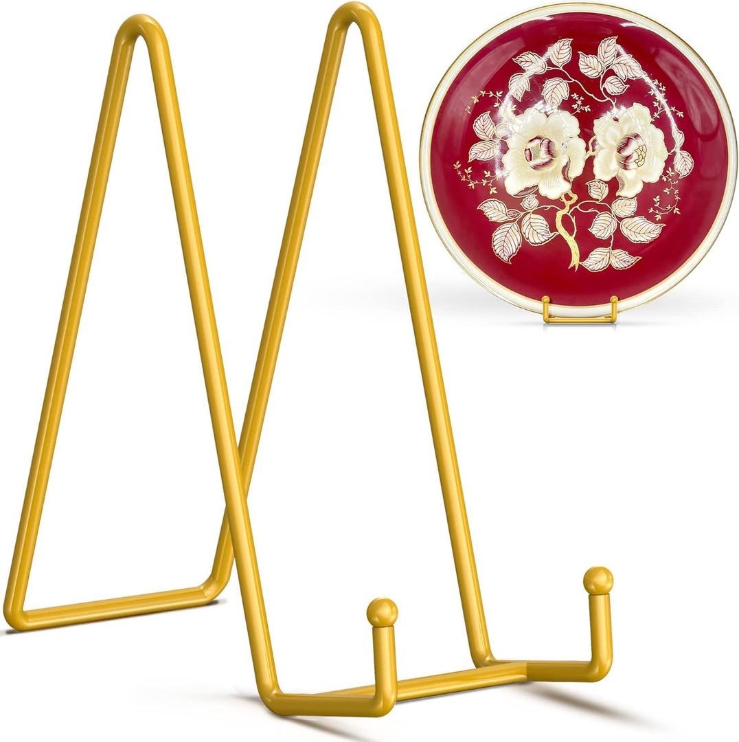 TR-LIFE 10 Inch Large Plate Stands/Holder for Display - Metal Picture Frame Holder Stand + Small Easels for Decorative Plate, Platter, Book, Plaques, Photo, Tabletop Art (Gold 2 Pack)