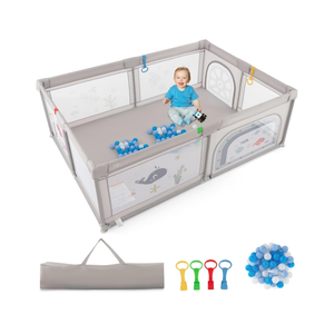 BABY JOY Baby Playpen, 79"x55"x27" Inch, Extra-Large Play Yard with 4 Pull Rings, 50 Ocean Balls & Carrying Bag, Portable Baby Play Activity Center, Indoor Outdoor Playpen w/Breathable Mesh (Light Grey), Missing Balls