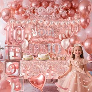 10th Birthday Decorations,Double Digits Bday Decor Peace Out Single Digits Backdrop Banner Glitter Cake Topper Tablecloth Balloons Sash Crown Boxes For Rose Gold 10th Girls Pink Bday Party Supplies