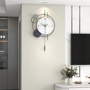 Decorative Wall Clock for Living Room Decor Large Modern Black Metal Wall Clock with Pendulum Battery Operated Non Ticking 15 Inch Big Silent Clock for Kitchen Office Bedroom Home Decor