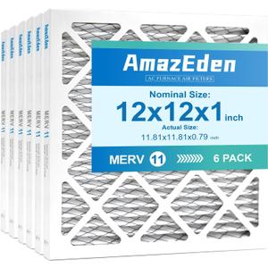 12x12x1 Air Filter 6 Pack (MERV 11) MPR 1000 & FPR 7 Pleated AC Furnace Filters Dust Defense Replacement (Exact Dimensions: 11.81"x11.81"x0.79")