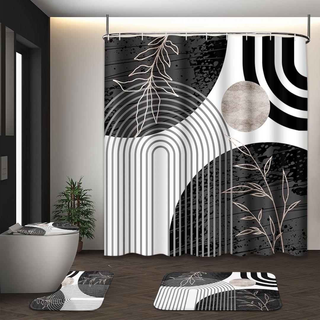 Black and Grey Boho Mid Century Shower Curtain Set with Toilet Lid Cover and Non-Slip Rugs, Abstract Geometric 4 Pcs Modern Minimalist Vintage Shower Curtain for Bathroom Set with 12 Hooks