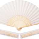 50pcs Cream-Coloured Imitated Silk Fabric Bamboo Folded Hand Fan Bridal Dancing Props Church Wedding Party Favors with Organza Bags