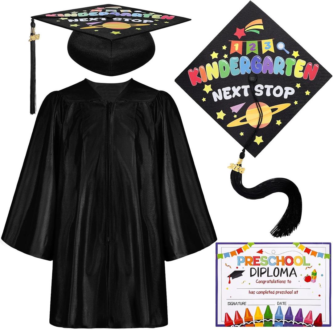 JATEBI 2026 Preschool Graduation Cap Gown Set Graduation Outfit with Tassel Cap Certificate for Boys Girls (Black)