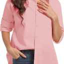 Women's Button Down Shirts, Long Sleeve Cotton Blouse for Women Casual, Collar Long Sleeve Blouse Tops for Pocket (Large, Pink)