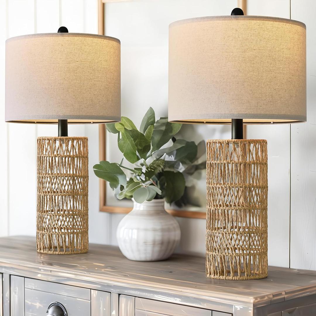 OYEARS 22.5" Boho Table Lamps Set of 2 for Living Room, Bedside Lamp for Nightstands, Rattan Lamp for Bedroom, Farmhouse Table Lamp for Room Decor, End Table, Retro, BrownNot Include Bulbs