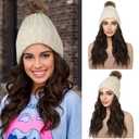 REECHO Beanie Hat Wig, Women's Warm Knitted Beanie Hat with 12" Chocolate Brown Hair Extension, Beige