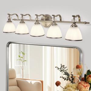 ANDY STAR Bathroom Lighting Fixtures, 5-Light Brushed Nickel Vanity Light with Milky Glass Shade, 35" Large Vanity Lights for Bathroom, E26 Socket, for Mirror, Living Room, Bedroom, Hallway