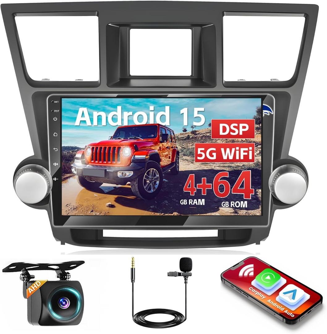 DSP [4+64G] Android 15 Car Stereo for Toyota Highlander 2008-2014 with Wireless Carplay Android Auto, Hikity 10'' Touchscreen Radio Bluetooth Mirror Link GPS WiFi SWC AI/FM/RDS/32EQ Backup Cam+Mic