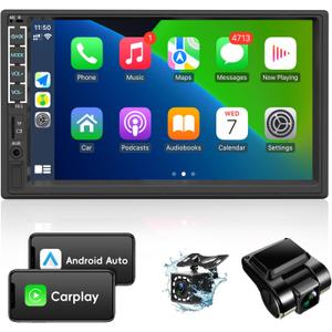 Leadfan Double Din Car Stereo with Dash Cam&Camera, Apple Carplay&Android Auto, 7 Inch Touchscreen Double Din Radio Car Audio Receivers, Bluetooth, Voice Control, MirrorLink, FM/USB/TF/AUX/Subwoofer