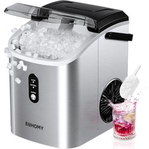 EUHOMY Nugget Ice Maker Countertop with Handle, Ready in 6 Mins, 34lbs Per Day, Removable Top Cover, Auto-Cleaning, Portable Sonic Ice Maker with Basket and Scoop, for Home/Party/RV/Camping (Silver) (Steel Light Silver)