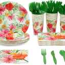 BLUE PANDA 144-Piece Tropical Party Supplies - Hawaiian Dinnerware Set with Plates, Napkins, Hawaiian Cups, and Cutlery (Serves 24)