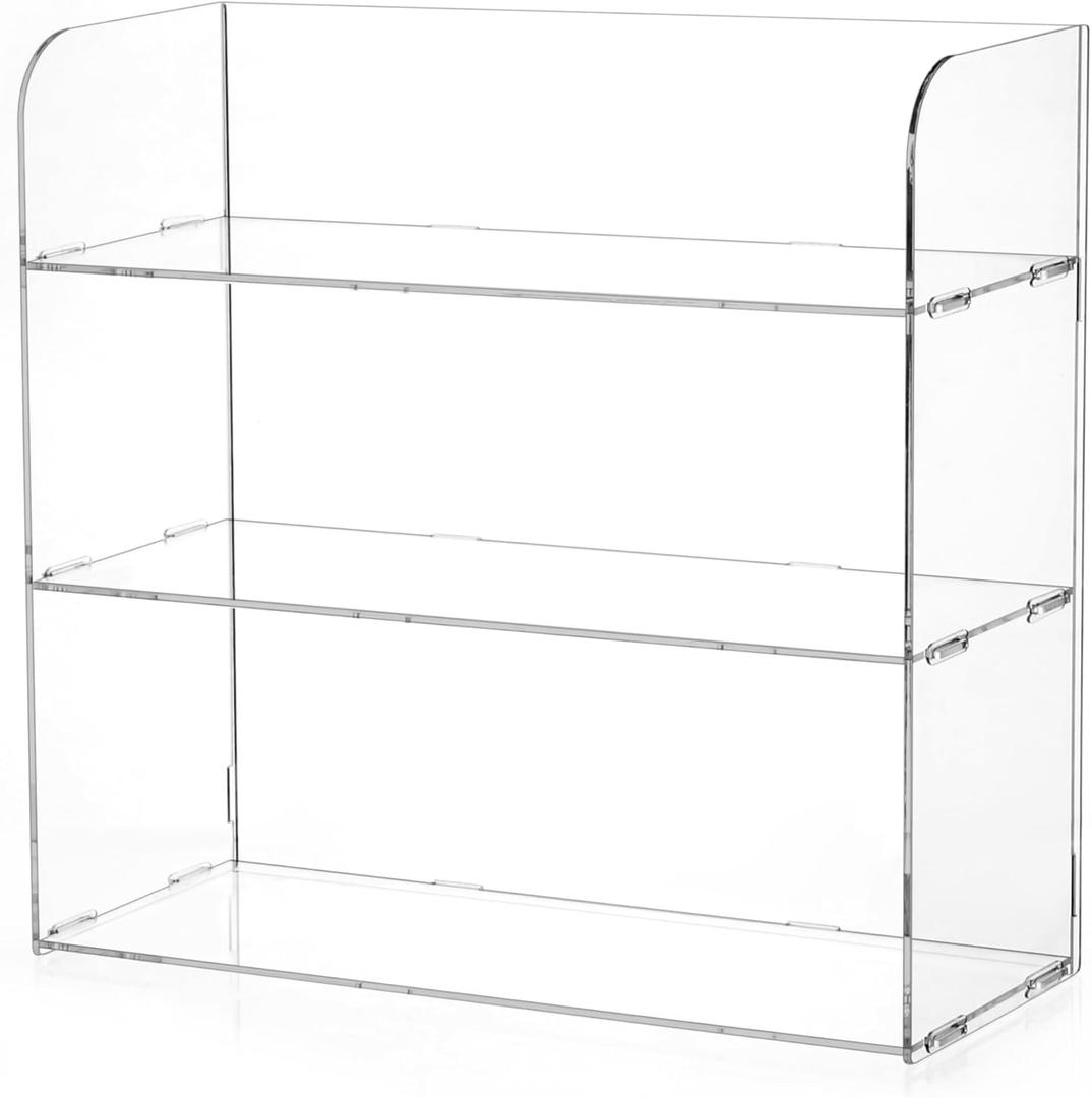 Jusalpha 3 Tier Clear Acrylic Organizer Shelf for Cosmetic Perfume Skincare Makeup Toy Spices Standing Tabletop Vanity Tray Shelf Multifunctional Sturdy Display Showcase (12''x 4''x 12'')