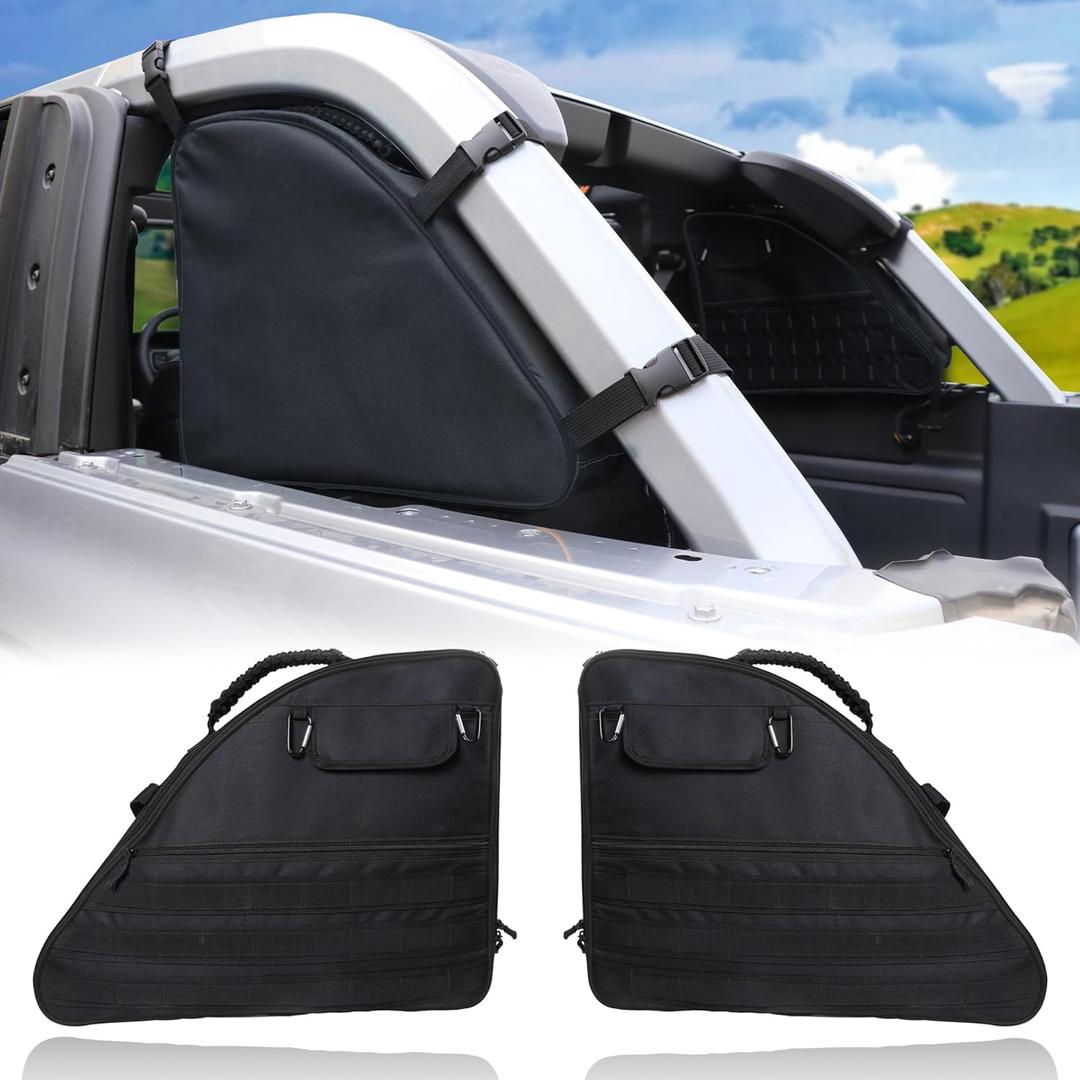 Roll Bar Storage Bag for 2021 2022 2023 2024 2025 Ford Bronco 4 Door Interior Accessories Trunk Organizer Cargo Cage Saddlebag Tool Kits Holder Multi Pocket Handbags, All Black 2 Pack (With Black Edge)