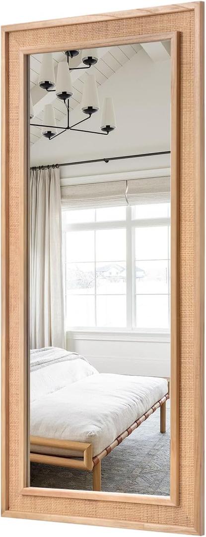 Rattan Full Length Mirror, 20"x55" Decorative Long Rattan Floor Mirror, Rectangle Wooden Full Body Mirror with Wicker Frame Hanging for Bathroom Living Dressing Room (Nature)