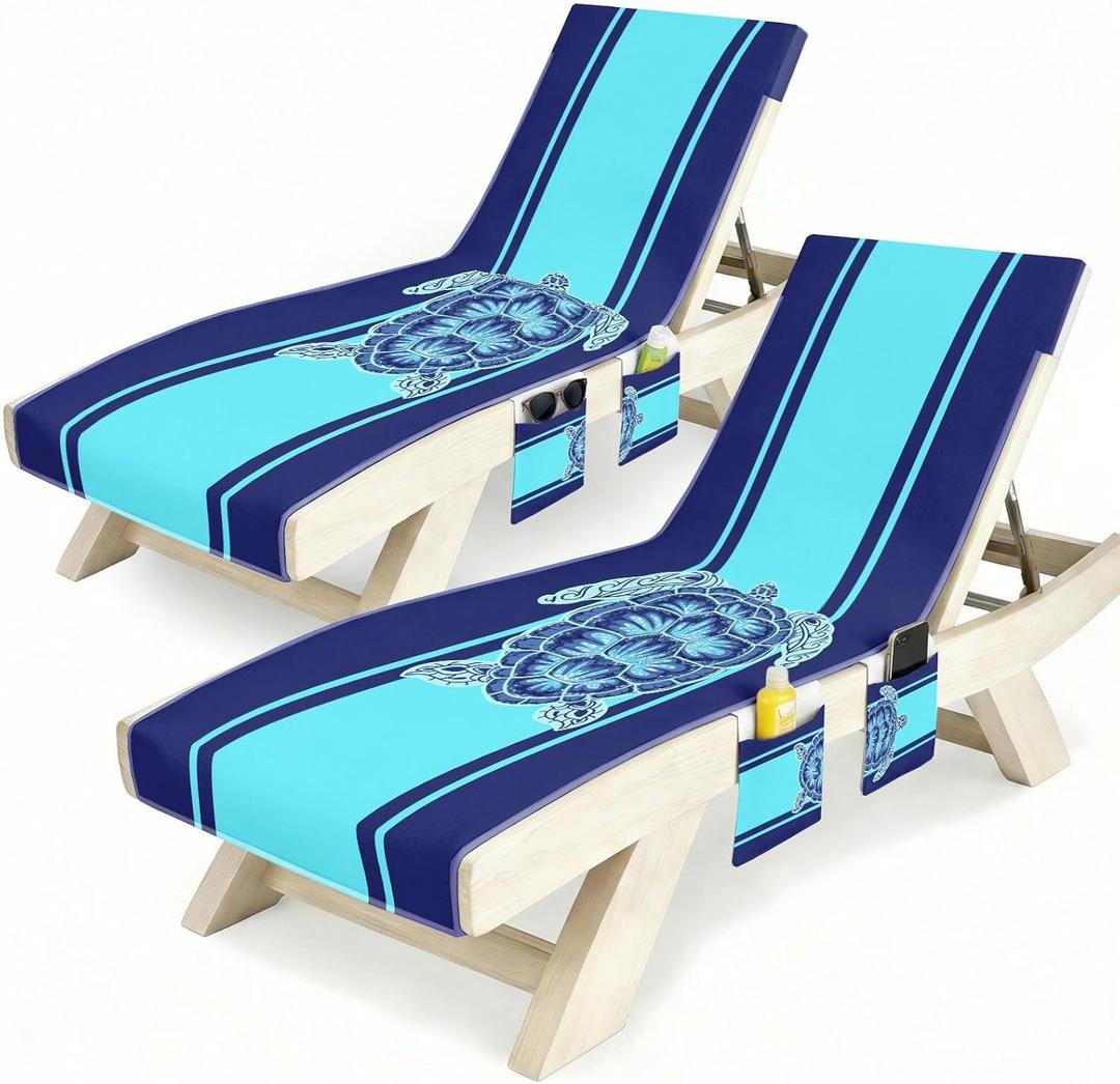 Britown Lounge Chaise Chair Towel Covers (Pack of 2), Beach Chair Cover with 3 Pockets for Pool Outdoor Beach Garden Patio Trips,85 X30 in (Sea ​​Turtle)