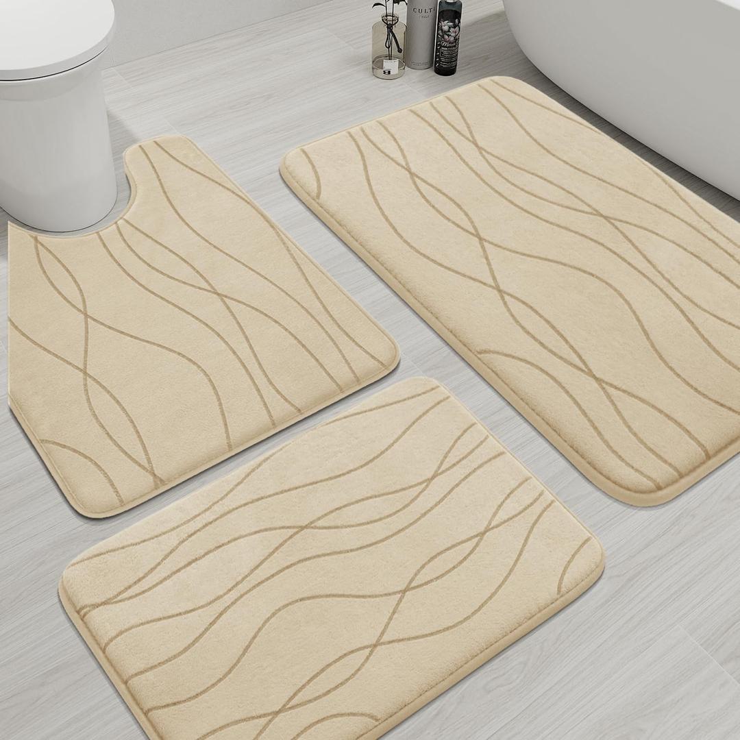 YIHOUSE Memory Foam Bathroom Rug Sets 3 Piece, Ultra Absorbent Bath Mat for Bathroom - Non-Slip Machine Washable & Dry Quickly, 3 Piece Bathroom Mat Set,Khaki (1'8" x 2'8")