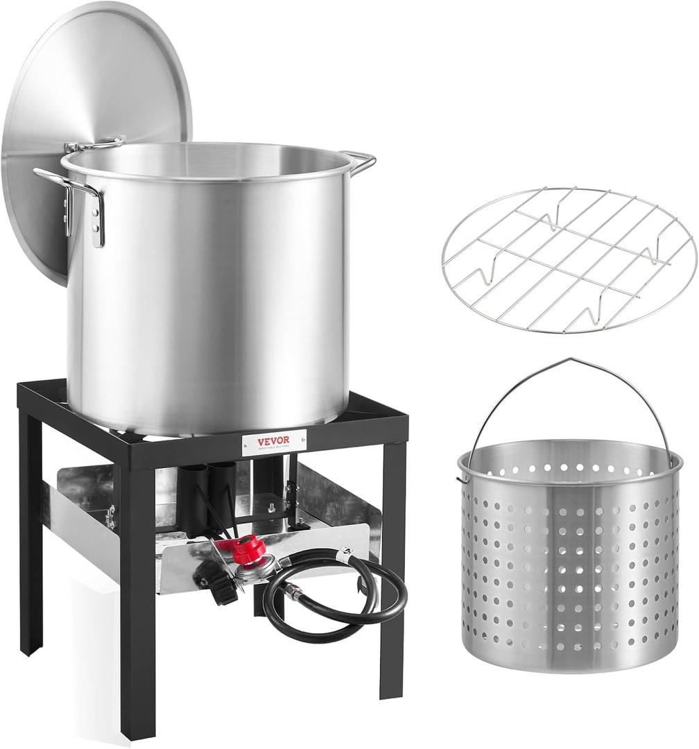 VEVOR 100 Qt Seafood Boiling Kit with Strainer, Outdoor Seafood Boil Pot and Basket, Cooking Set for Crab Crawfish Lobster Boiling, Aluminum Stockpot with 100,000 BTUs Propane Burner and Steamer Rack, Large