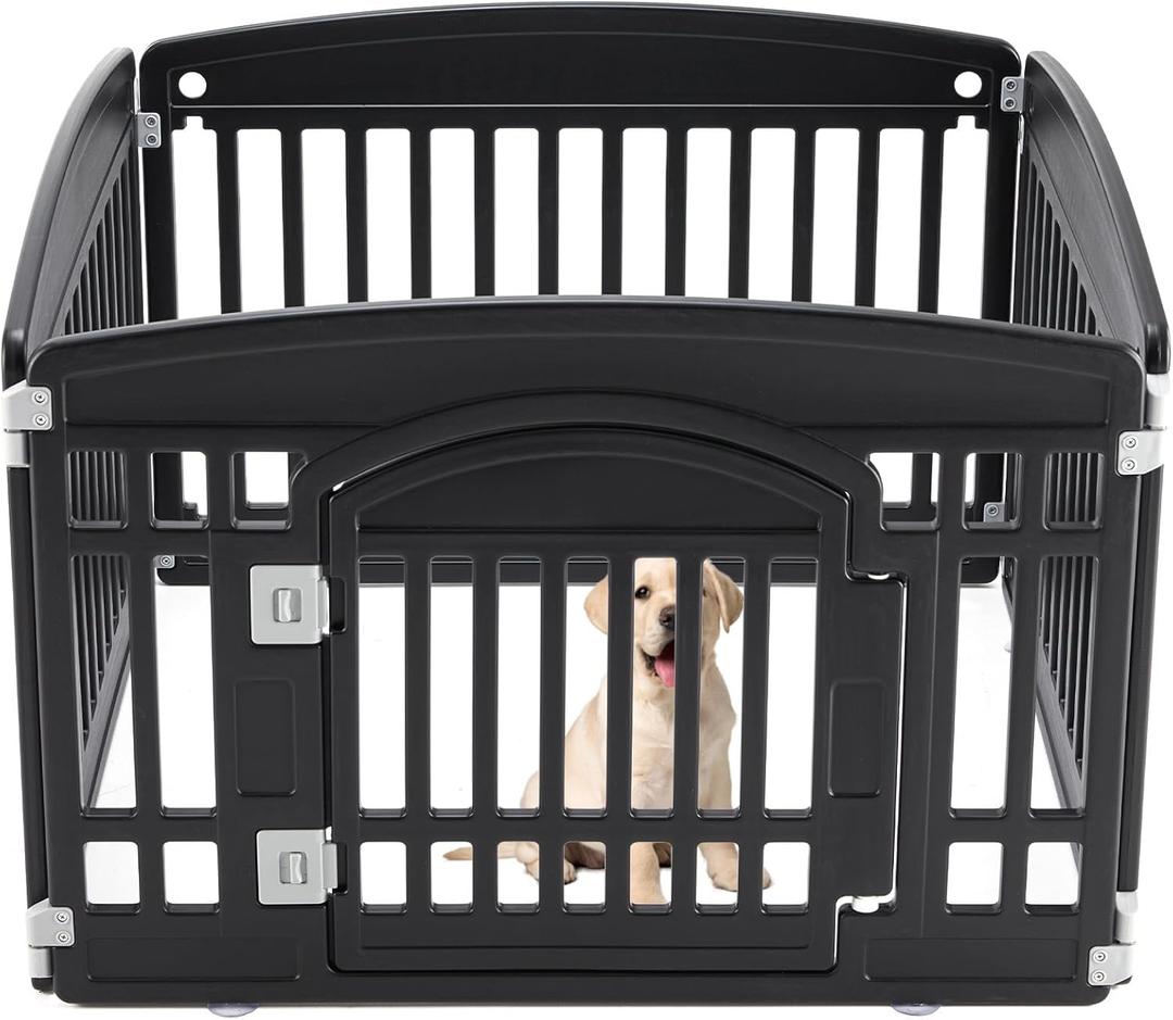 Sweetcrispy Plastic Dog Playpen, 4 Panel 24" Expandable & Durable Pet Fence for Small to Medium Dogs - Indoor & Outdoor Portable Puppy Playpen with Secure Locking Door - Black 35"L x 35"W x 23.62"H