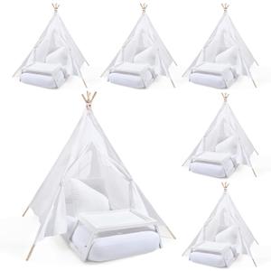 6 Sets Teepee Tent with Inflatable Airbed, Bed Tray Table, Fitted Sheet and Pillow Insert Play Tent for Indoor Outdoor Slumber Sleepover Party