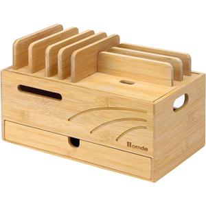 Homde Natural Bamboo Charging Station Rack for Multiple Devices Cable Cord Management Box Organizer Holder with 6 Slots Drawer for Chargers Phones Tablets Watches Electronics (Natural)