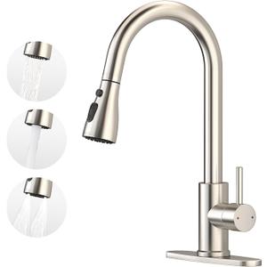 Oersitor Kitchen Faucet with Pull Down Sprayer，Brushed Stainless Steel Single Handle Kitchen Faucet，Multiple Modes Switch Water, 1/ 3 Hole, Deck Plate Included (Brushed Nickel)
