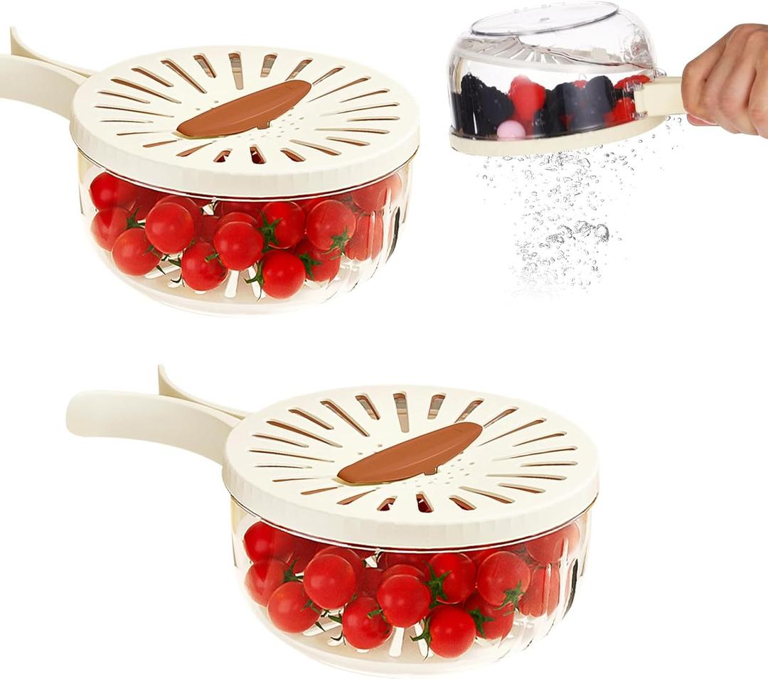 2Pcs Fruit Washing Bowl with Strainer,Fruit Strainer Container with Lid,Fruit Washing Basket for Sink with Foldable Handle Drain Container for Berries Vegetables,Fridge Storage Container