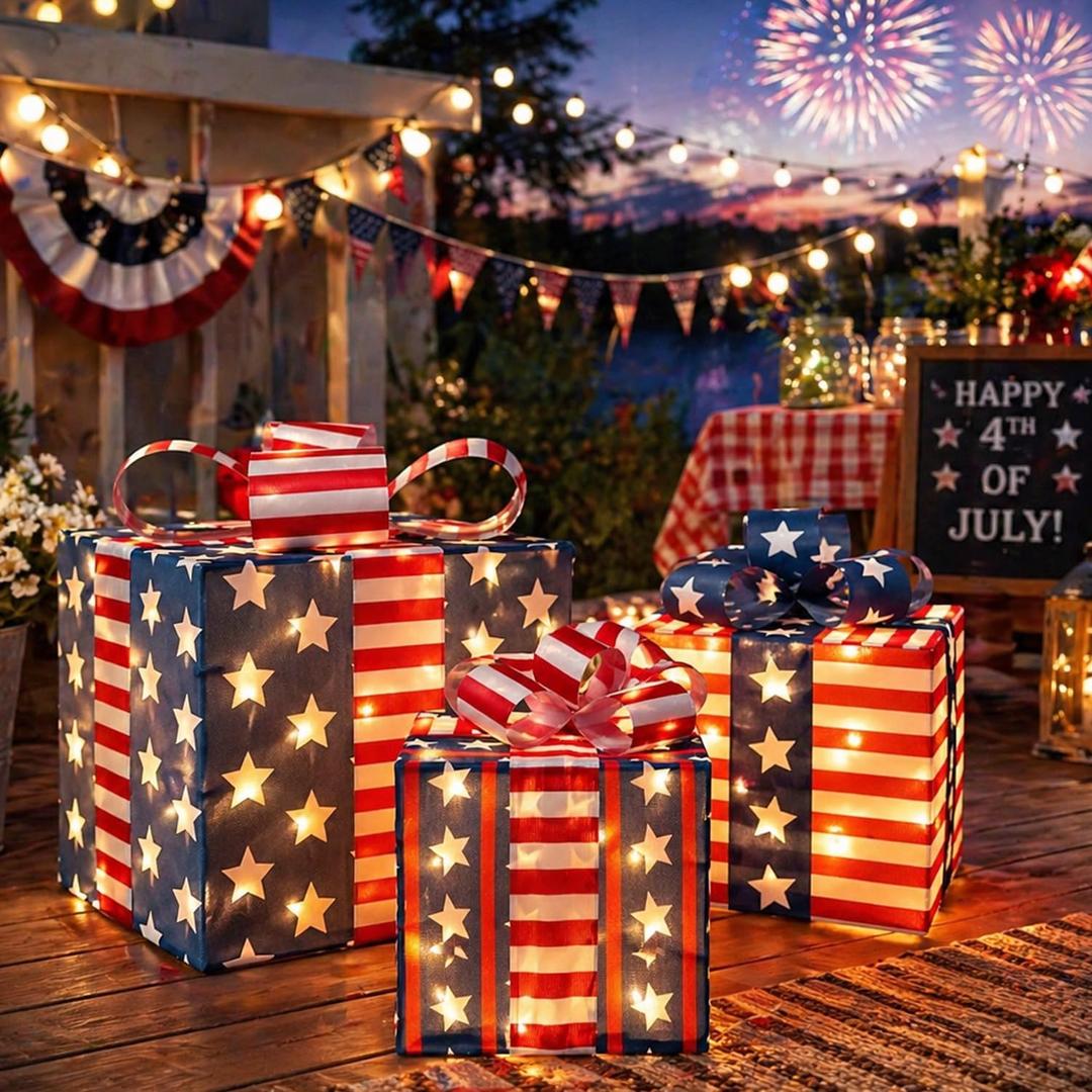 Set of 3 4th of July Lighted Gift Boxes, LED Light Up Present Boxes for Independence Day Decorations Indoor Outdoor Yard Holiday Party Lawn Porch Home Decor