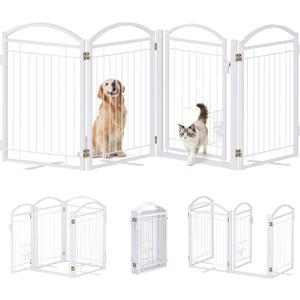 Metal Freestanding Dog Gate,Outdoor Indoor Dog Fence
80”Extra Wide Foldable Puppy Gate for Stair,Yard,Hallways,with Cat Door,4 Panels,White